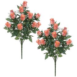 Foto van Louis maes kunstbloemen boeket rozen/gipskruid - 2x - zalmroze - h56 cm - bloemstuk - bladgroen - kunstbloemen