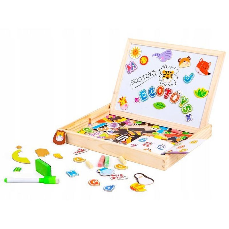 Foto van Ecotoys 2 in 1 dubbelzijdig magnetisch speelbord - 176 delig met accessoires