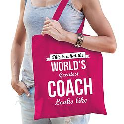 Foto van Worlds greatest coach cadeau tas roze voor dames - feest boodschappentassen