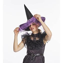 Foto van Verkleed heksenhoed - met sluier - zwart/paars - volwassenen - halloween hoofddeksels - verkleedhoofddeksels