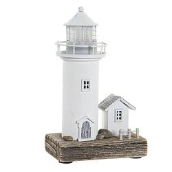 Foto van Maritieme decoraties beeldje vuurtoren - hout - 13 x 30 cm - wit - met led lampje - beeldjes