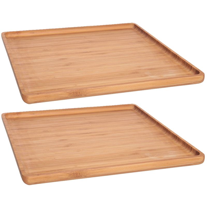 Foto van Set van 2x stuks bamboe houten dienbladen met opstaande rand 26 x 26 cm vierkant - dienbladen