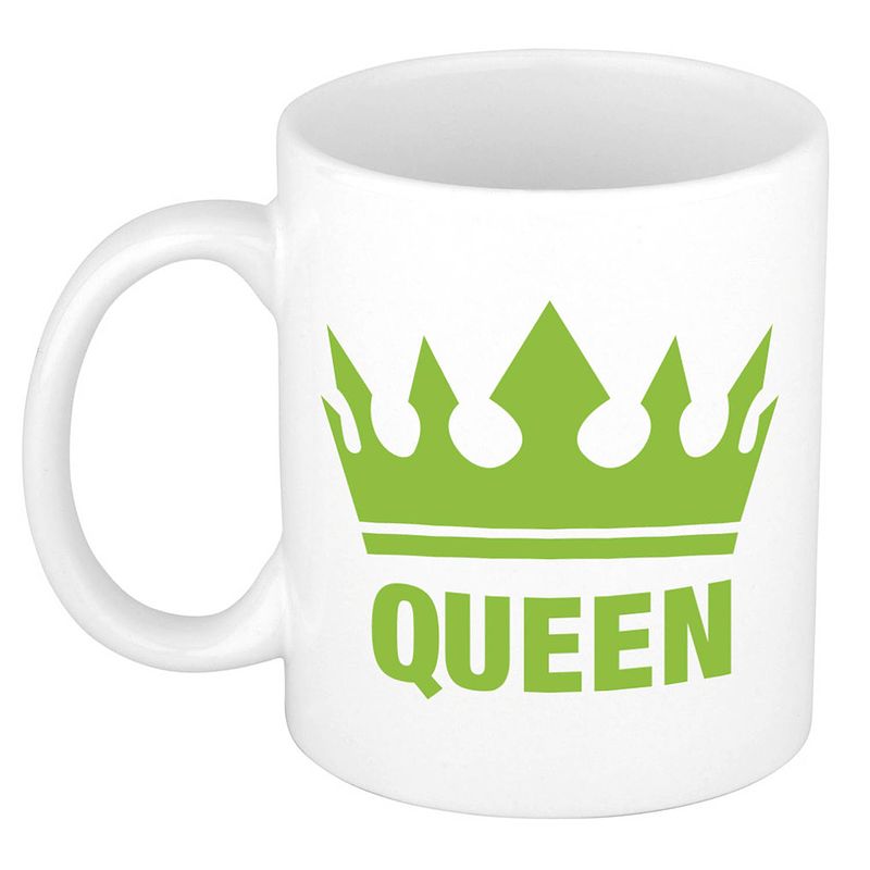 Foto van Cadeau queen mok/ beker wit met groene bedrukking 300 ml - feest mokken