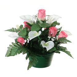 Foto van Louis maes kunstbloemen plantje in pot - wit/roze - 26 cm - bloemstuk ornament - rozen met bladgroen - kunstbloemen