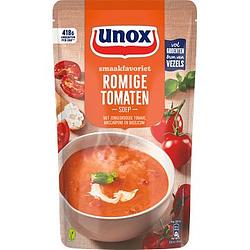 Foto van 2 zakken soep a 570 ml, pakken cupasoup a 3 stuks of single verpakkingen noodles of pasta | unox smaakfavoriet soep in zak romige tomaten 570ml aanbieding bij jumbo