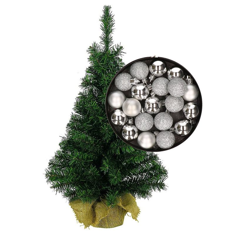 Foto van Mini kerstboom/kunst kerstboom h45 cm inclusief kerstballen zilver - kunstkerstboom