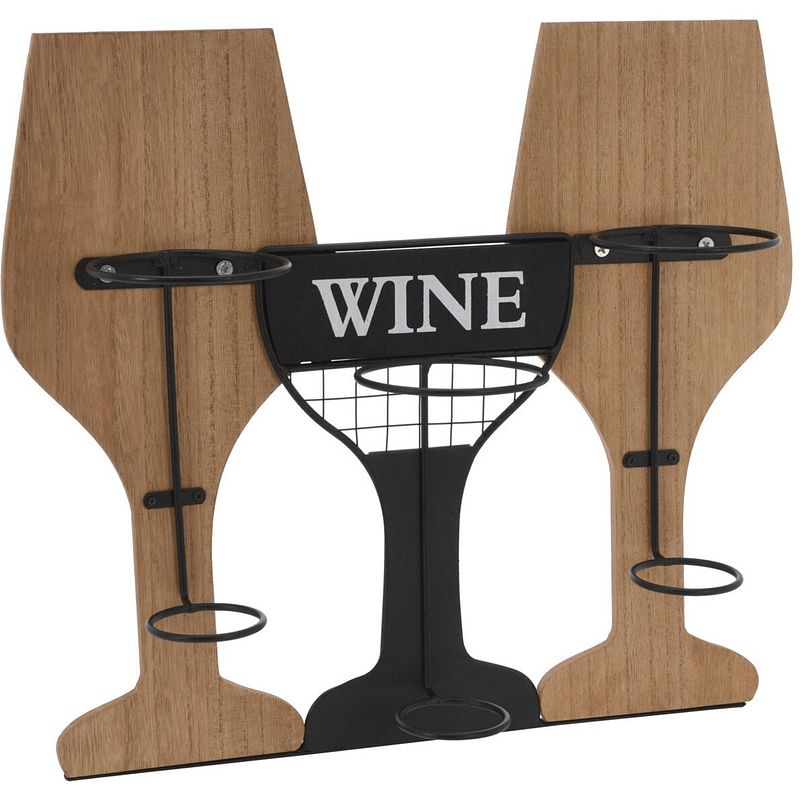 Foto van Metalen/houten wijnflessen rek/wijnrek in de vorm van 2 wijnglazen voor 3 flessen 35 x 15 x 31 cm - wijnrekken