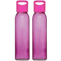 Foto van 2x stuks glazen waterfles/drinkfles transparant roze met schroefdop met handvat 500 ml - drinkflessen