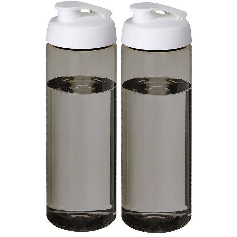 Foto van 2x stuks sport bidon hi-eco gerecycled kunststof - drinkfles/waterfles - donkergrijs/wit - 850 ml - drinkflessen