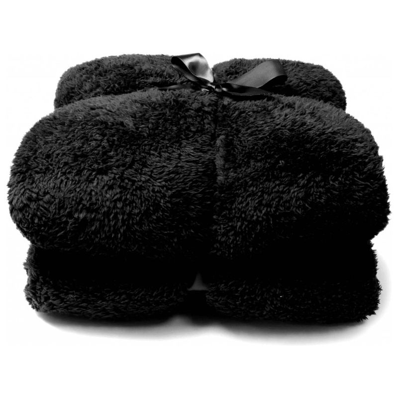 Foto van Droomtextiel teddy plaid zwart 150 x 200 cm - teddy deken - super zacht - warm en donzig - bank plaid