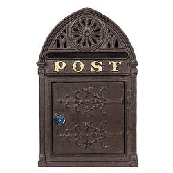 Foto van Haes deco - brievenbus vintage bruin aluminium met ornamenten en tekst ""post"" - met slot, formaat 22x9x35 cm