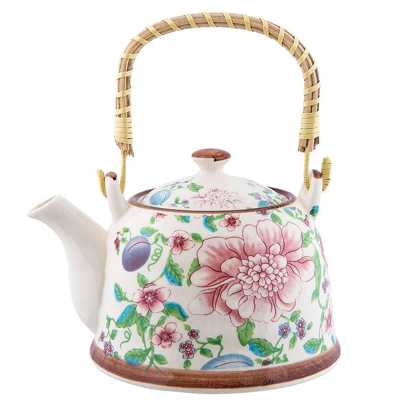 Foto van Haes deco - chinese theepot - porselein - roze bloemen - theepot 700 ml - traditioneel theeservies, theekan