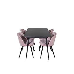 Foto van Silarblext eethoek eetkamertafel uitschuifbare tafel lengte cm 120 / 160 zwart en 4 velvet eetkamerstal velours roze,