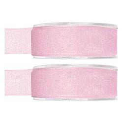 Foto van 2x hobby/decoratie roze organza sierlinten 2,5 cm/25 mm x 20 meter - cadeaulinten