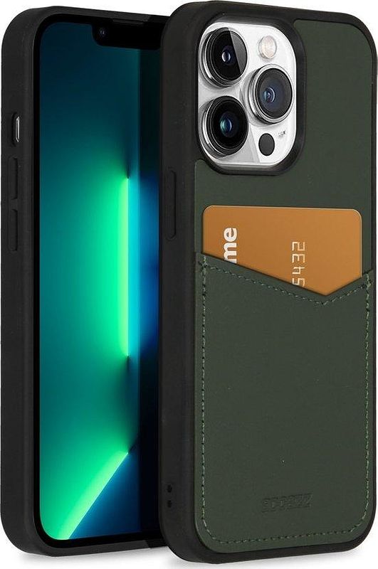 Foto van Accezz premium leather card slot backcover iphone 13 pro telefoonhoesje groen