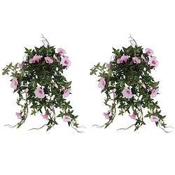 Foto van 2x stuks groene petunia lichtroze bloemen kunstplanten 50 cm - kunstplanten