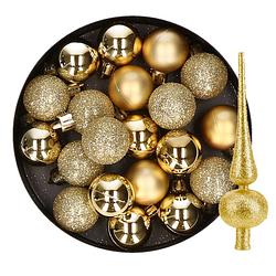 Foto van 24x stuks kunststof kerstballen 6 cm inclusief glitter piek goud - kerstbal