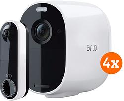 Foto van Arlo essential beveiligingscamera wit 4-pack + arlo wire free video doorbell wit