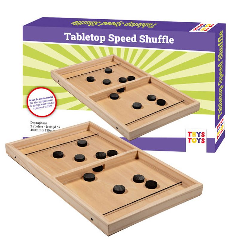 Foto van Slingpuck - speed shuffle - sjoelbak klein met pucks - houten bordspel met pucks - 40 cm