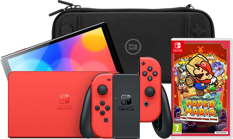 Foto van Nintendo switch oled super mario editie + paper mario + bluebuilt beschermhoes