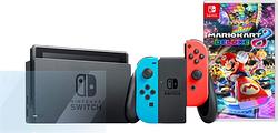 Foto van Nintendo switch rood/blauw + mario kart 8 deluxe + bluebuilt screenprotector