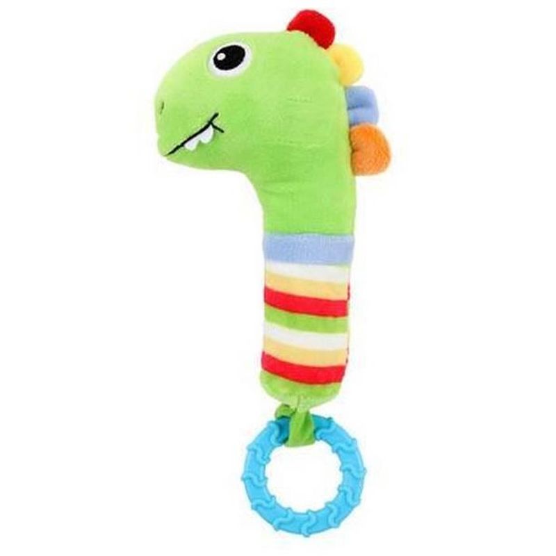 Foto van Toi-toys bijtring en rammelaar dino 26 cm katoen groen/blauw