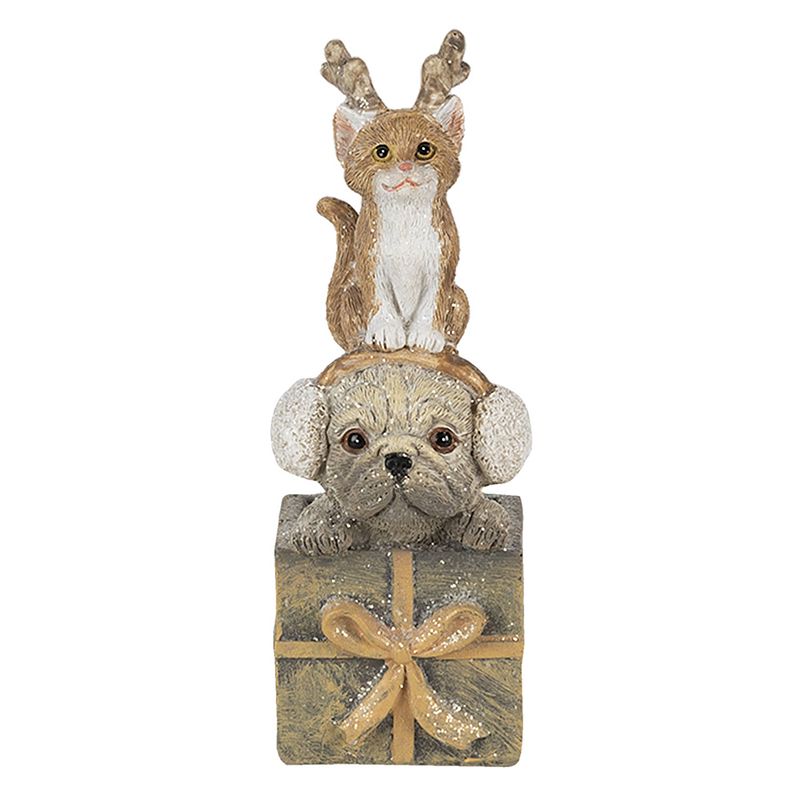 Foto van Clayre & eef kerstdecoratie beeld kat en hond 5*5*13 cm bruin wit kunststof decoratief figuur decoratieve accessoires