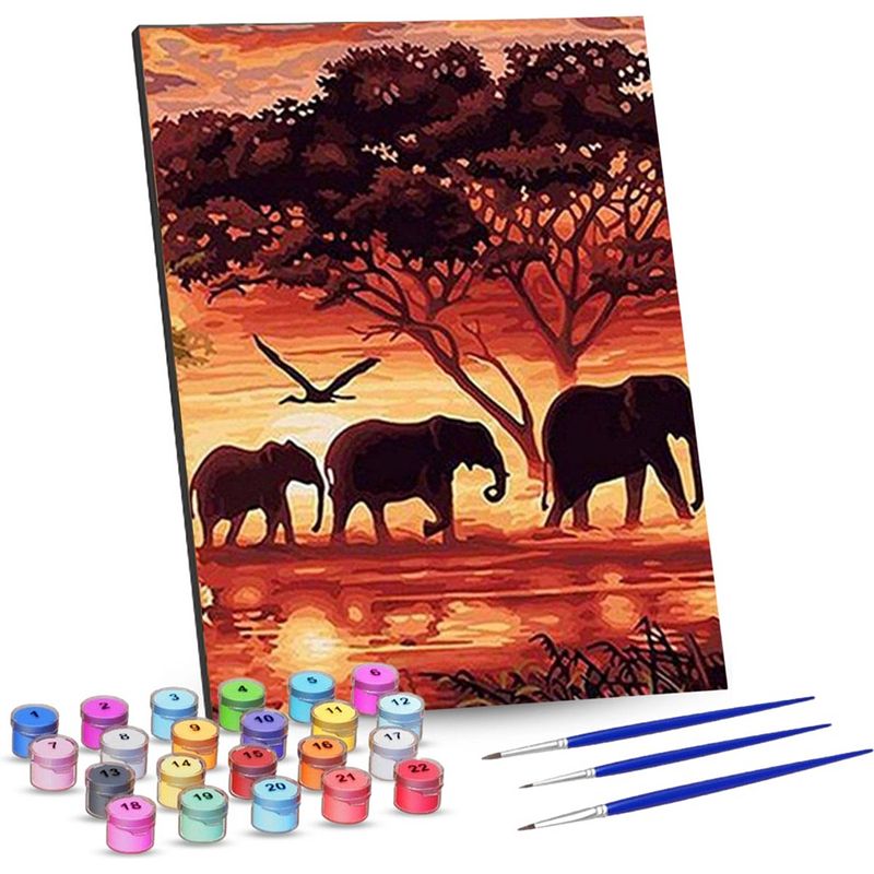 Foto van Rubye® schilderen op nummer volwassenen - olifanten familie - met canvas schildersdoek en penselen - 40x50cm