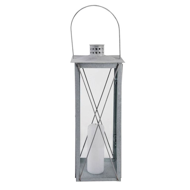 Foto van Zilveren tuin lantaarn/windlicht van zink 19,8 x 19,8 x 51,3 cm - lantaarns