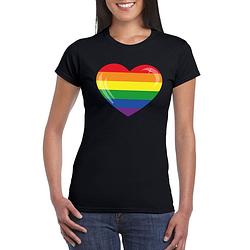 Foto van Gay pride t-shirt regenboog vlag in hart zwart dames xs - feestshirts