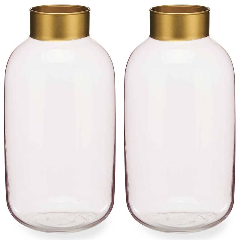 Foto van Bloemenvazen 2x stuks - luxe decoratie glas - roze transparant/goud - 14 x 30 cm - vazen