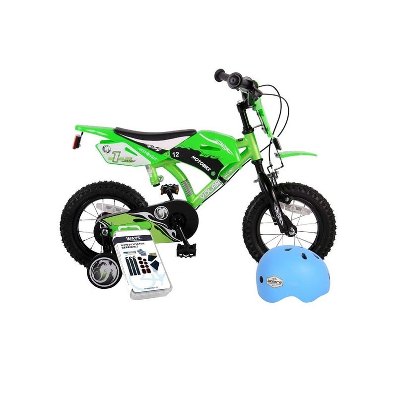 Foto van Volare kinderfiets motorbike - 12 inch - groen - twee handremmen - inclusief fietshelm & accessoires