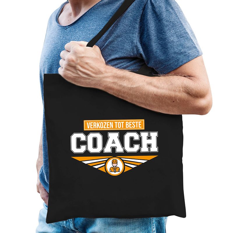 Foto van Verkozen tot beste coach katoenen tas zwart voor heren - cadeau tasjes - feest boodschappentassen