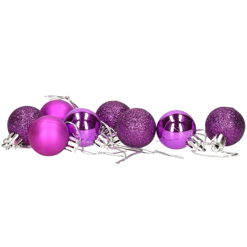 Foto van 8x stuks kerstballen paars mix van mat/glans/glitter kunststof 3 cm - kerstbal