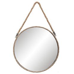 Foto van Haes deco - grote ronde spiegel aan touw - bruin - ø 47x3 cm - metaal - wandspiegel, spiegel rond