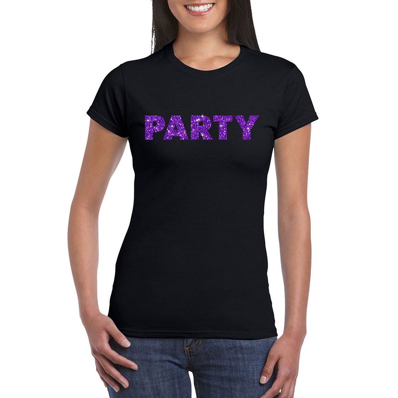 Foto van Toppers zwart party t-shirt met paarse glitters dames xl - feestshirts