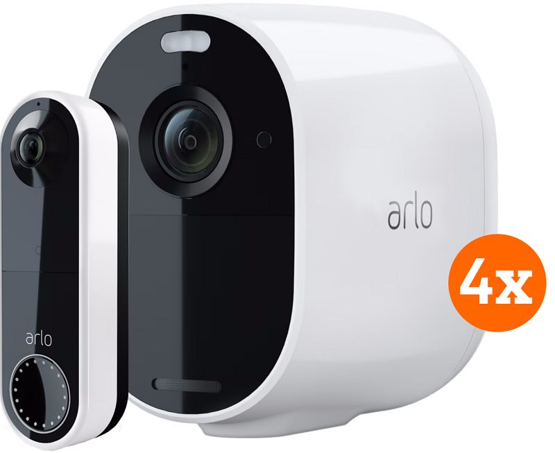 Foto van Arlo essential beveiligingscamera wit 4-pack + arlo wire free video doorbell wit