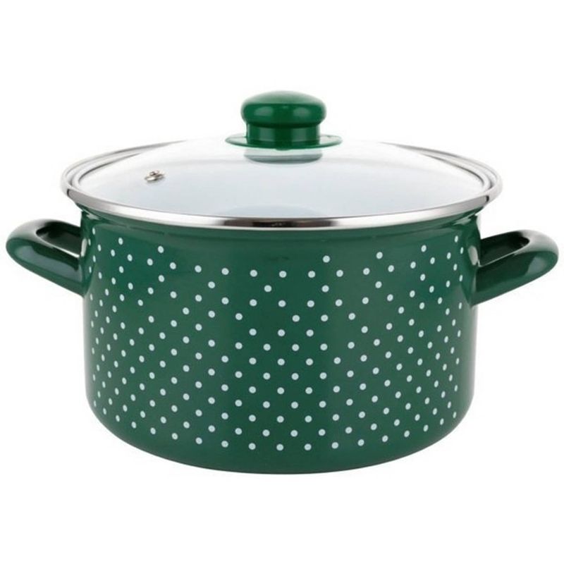 Foto van Emalia retro green klassieke geëmailleerde kookpan met glazen deksel 16 cm 2.1l groen / wit