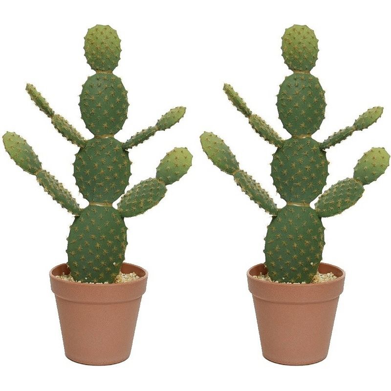 Foto van 2x groene opuntia/schijfcactus kunstplanten 43 cm in bruine pot - kunstplanten