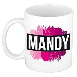 Foto van Naam cadeau mok / beker mandy met roze verfstrepen 300 ml - naam mokken