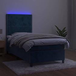 Foto van The living store boxspring donkerblauw fluweel 203x100x118/128cm - verstelbaar hoofdbord - led-verlichting -