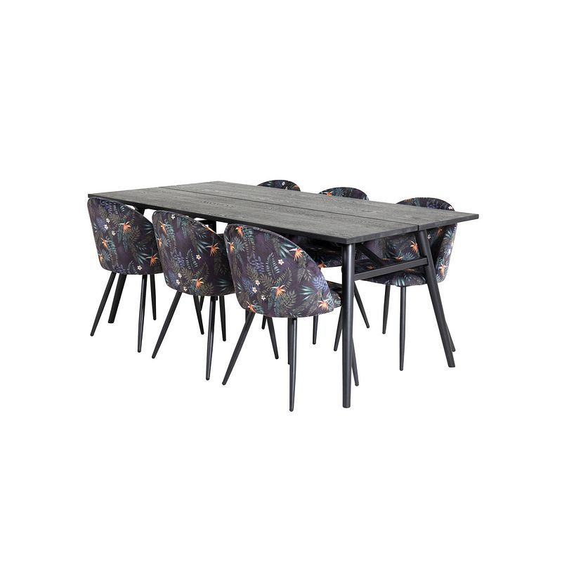 Foto van Sleek eethoek eetkamertafel uitschuifbare tafel lengte cm 195 / 280 zwart en 6 velvet eetkamerstal velours gebloeid.