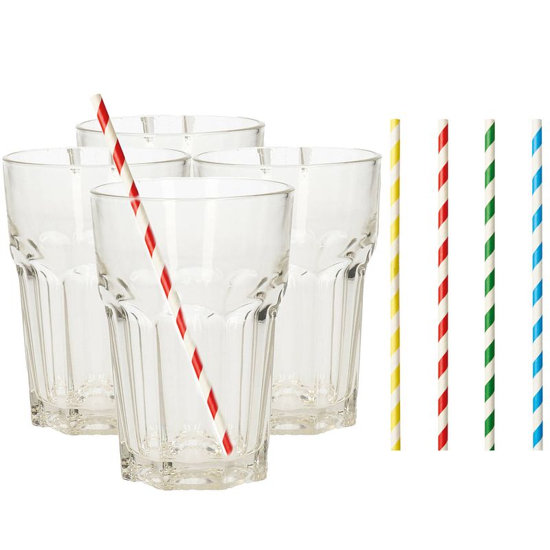 Foto van Set van 4x longdrink glazen en 100x duurzame papieren rietjes - 360 ml - drinkglazen