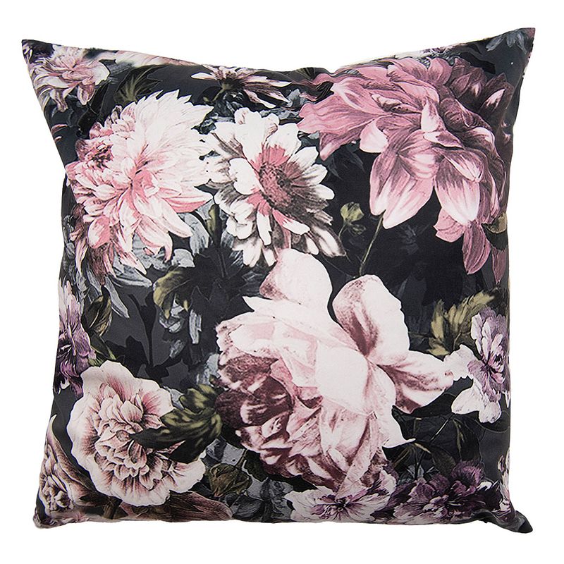 Foto van Clayre & eef kussenhoes 45x45 cm zwart roze polyester bloemen sierkussenhoes zwart sierkussenhoes