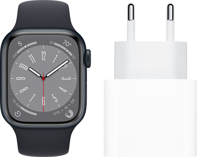 Foto van Apple watch series 8 45mm midnight aluminium midnight sportband + oplader