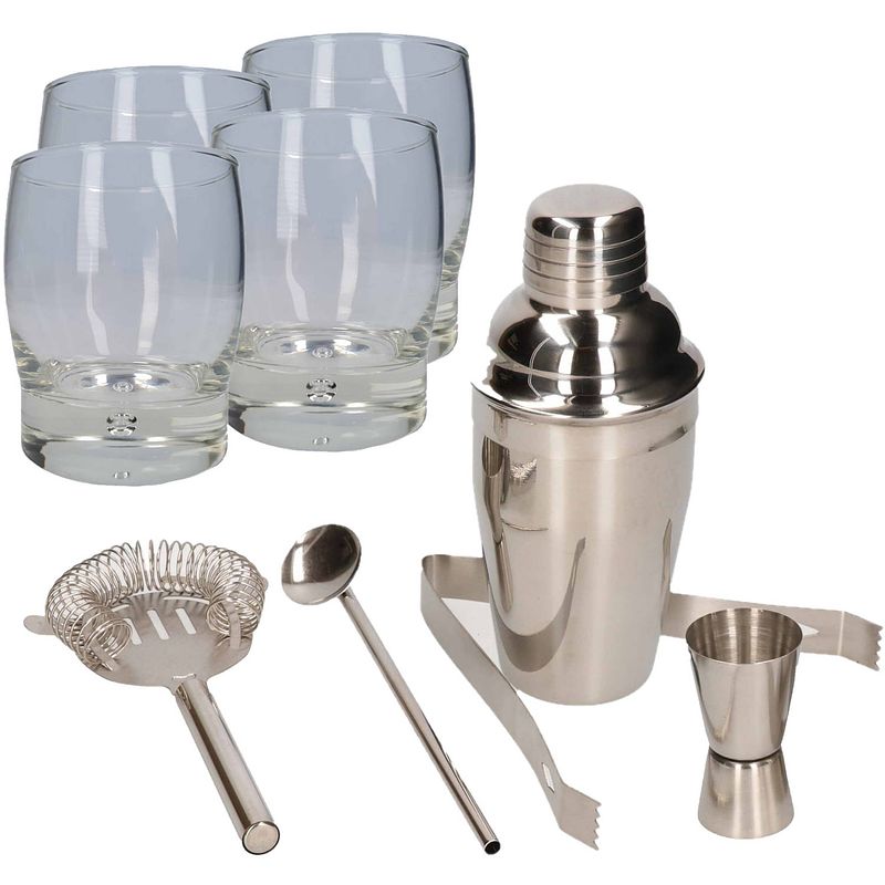 Foto van Cocktailshaker set rvs 5-delig inclusief 4x cocktailglazen 350 ml - cocktailshakers