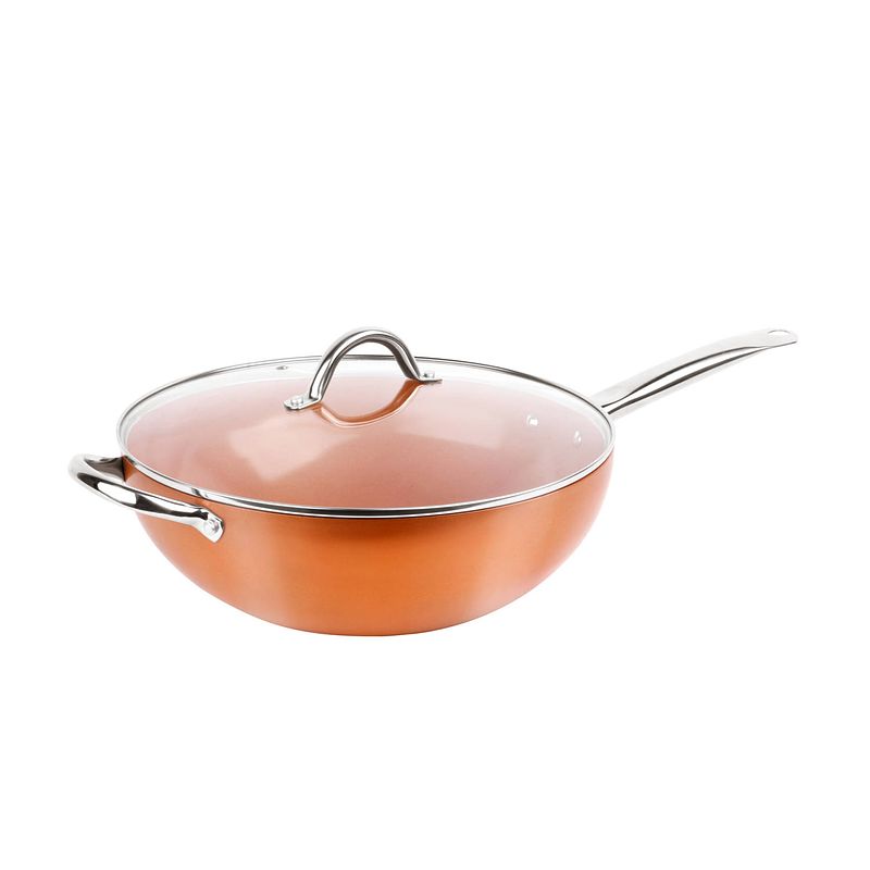 Foto van Swiss pro+ geperst aluminium wok met deksel 28cm koper