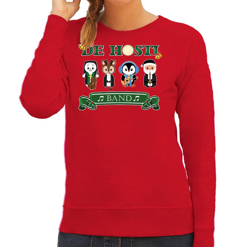 Foto van Bellatio decorations foute kersttrui/sweater dames - de hosti band - rood - kerstmuziek - band l - kerst truien