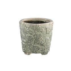 Foto van Ptmd serino grey ceramic pot leaves pattern round low m