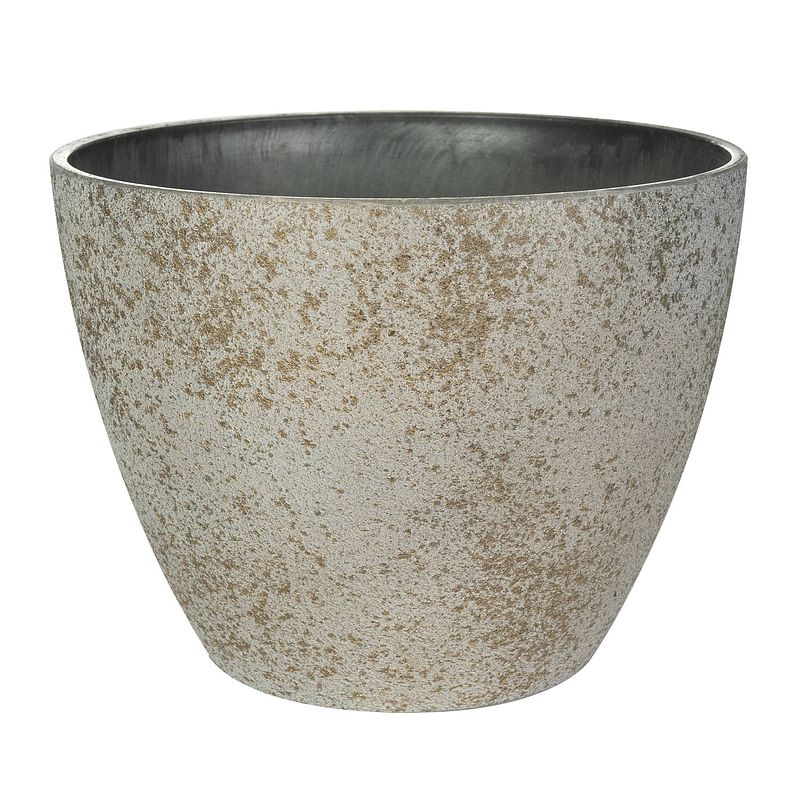 Foto van Bloempot/plantenpot - buiten - beige/goud - d19 en h15 cm - kunststof/steenmix - plantenpotten